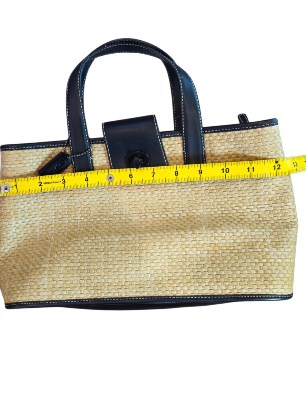 Coach Straw Pocket Tote 22904 Navy Leather Woven Turnlock Bag - Picture 6 of 12